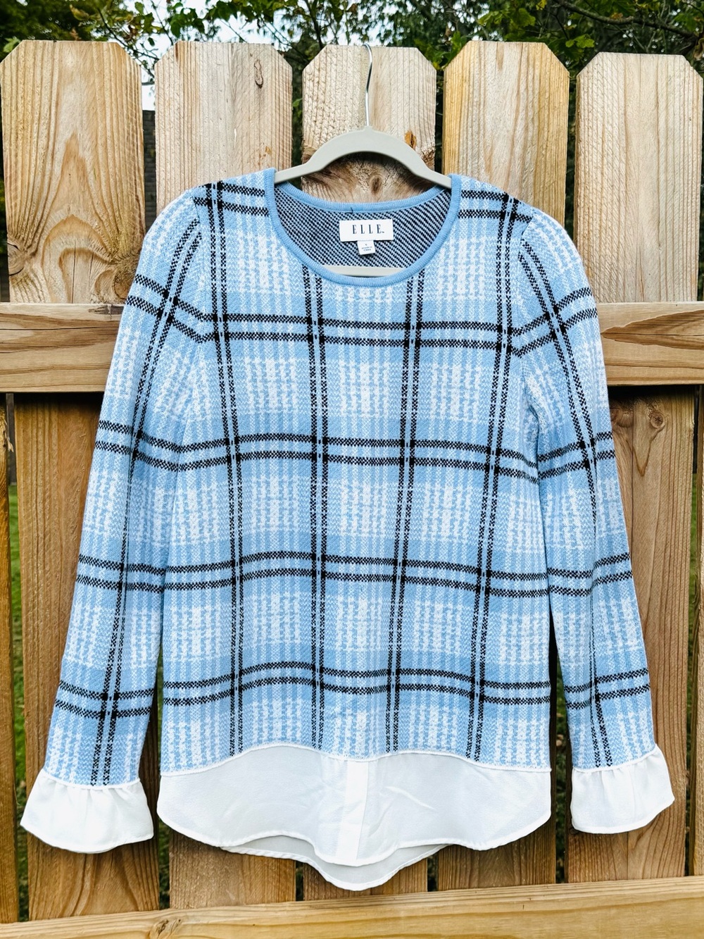 Elle Plaid Crewneck Sweater Women’s Small Formal Layer Hem Office Work Business